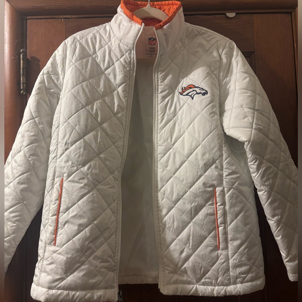 Denver Broncos- White Quilted Jacket with Orange Accents